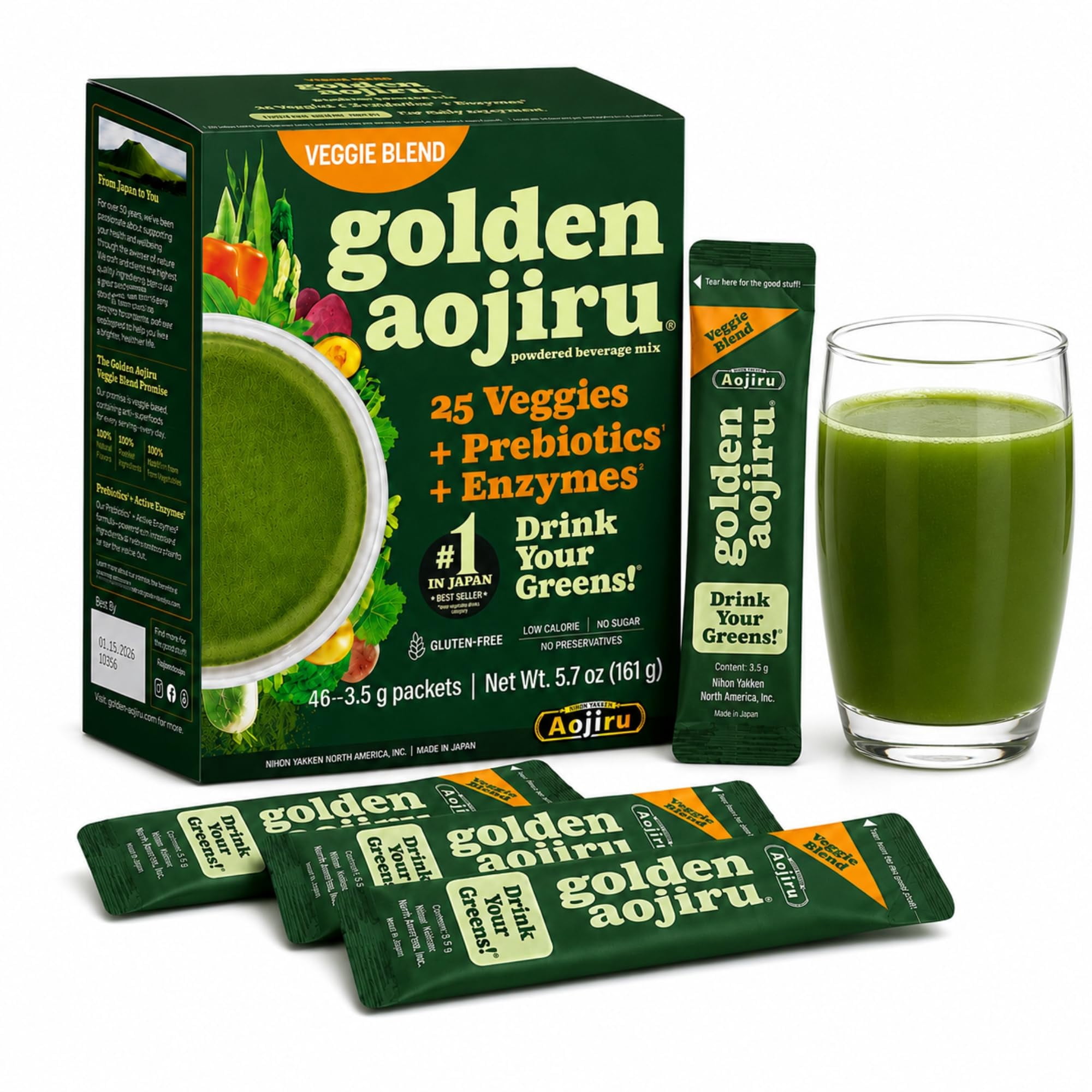 NIHON YAKKEN Golden Aojiru Green Superfood Powder – Japanese Barley Grass Juice with 25+ Vegetables, Prebiotic & Enzymes – Gluten Free, Green Juice – 46pcs