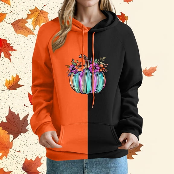 Frostluinai Thankful Grateful Hoodie for Women Raglan Long Sleeve Thanksgiving Sweatshirts Funny Color Block Pumpkin Pullover with Pocket