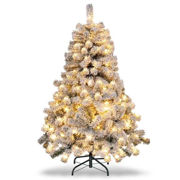 Topbuy 4.5 FT Snow Flocked Christmas Tree Pre-lit Christmas Tree w/295 Branch Tips & 150 Warm White LED Lights