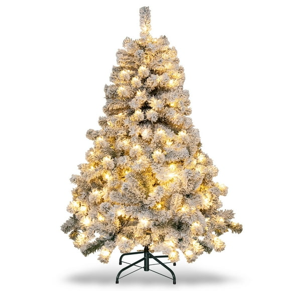 Patiojoy 4.5 FT Snow Flocked Christmas Tree Pre-lit Christmas Tree w/295 Branch Tips & 150 Warm White LED Lights