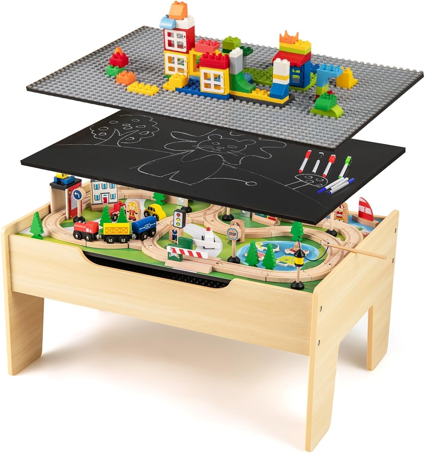 GLACER 100-Piece Wooden Train Table Set With Storage Drawer - Activity Table With Tracks, Vehicles & Buildings For Kids 3+