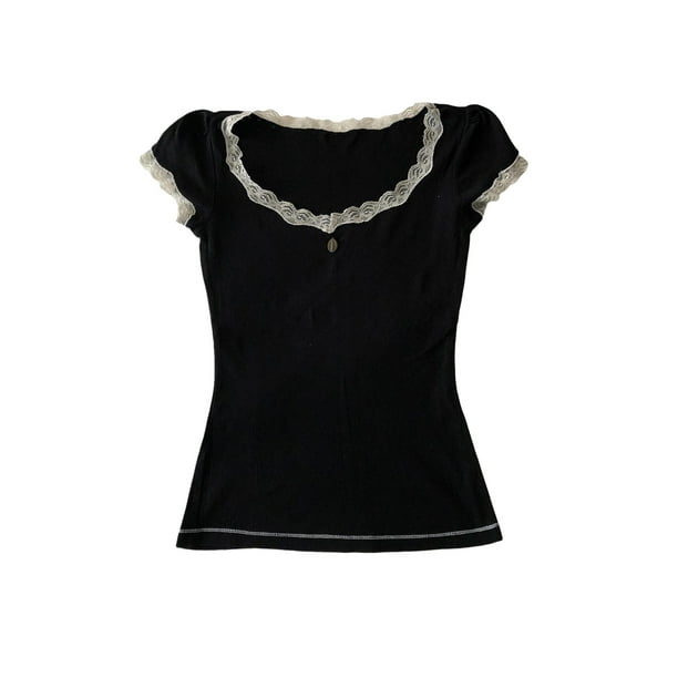Merqwadd Womens Short Sleeve T-Shirt Y2k Lace Trim Crop Tops Crewneck ...