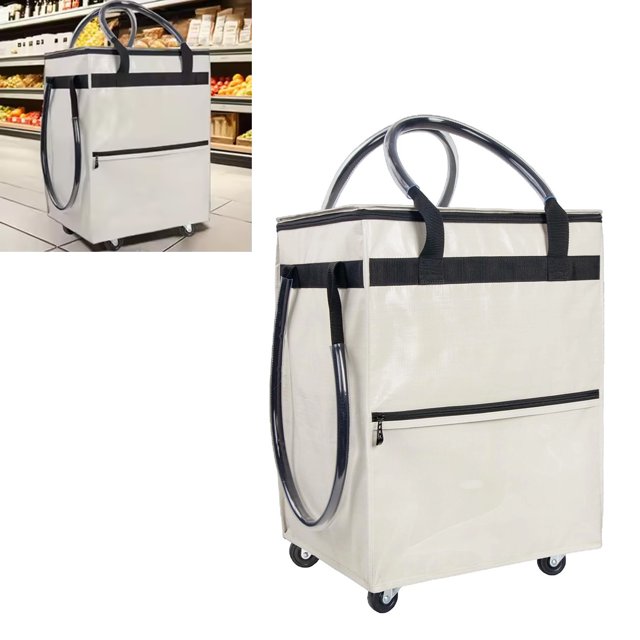 Sac d'Épicerie avec Roues, Sac d'Épicerie Réutilisable sur Roues, Sac de Magasinage Portable Imperméable à Roulettes, Chariot Pliable avec Poignée pour le Camping, les Voyages et le Magasinage