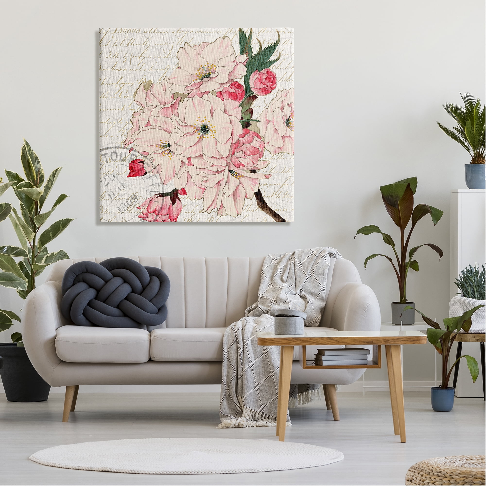 Stupell Industries Vintage Pink Floral Arrangement Ornate Script Stamp Graphic Art Gallery Wrapped Canvas Print Wall Art, Design by Kim Allen