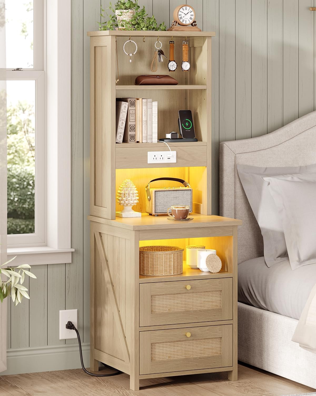 Boho 51.6'' Tall Rattan Nightstand with Charging Station and LED Lights, Bed Side Table with 2 Drawers and Bookshelf & 6 Hooks, Easy to Assembly, Wood