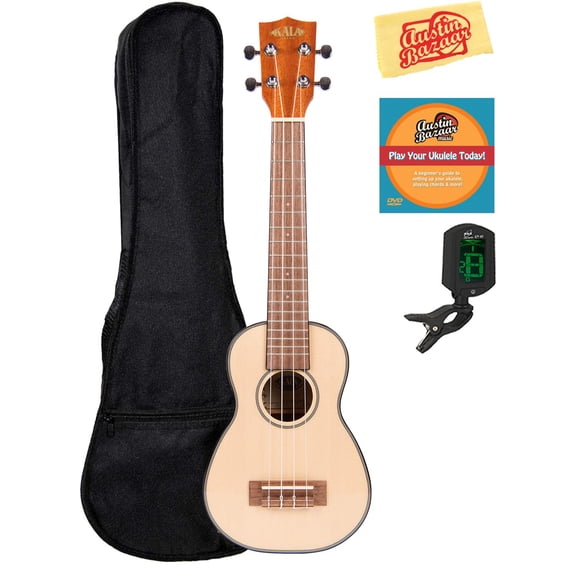 Kala KA-SSLNG Solid Spruce Mahogany Long Neck Soprano Ukulele Bundle with Gig Bag, Tuner, Austin Bazaar Instructional DVD, and Polishing Cloth
