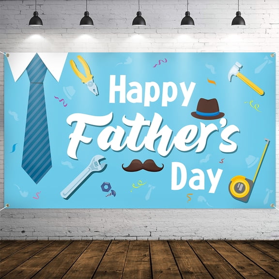 2ooya Party Banner Happy Father's Day Backcloth, Blue Polyester Backdrop with Tie Hat Sign for Father's Birthday Party Decorations, 78.7 x 45.3 Inch