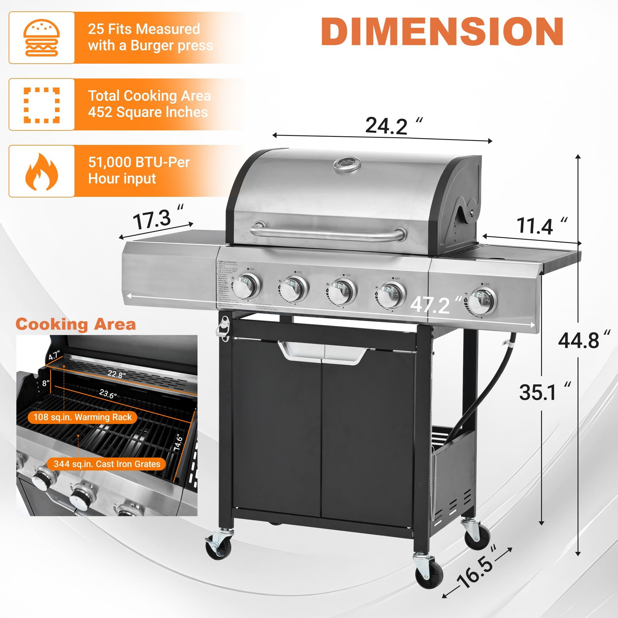 Syngar 4-Burner Propane Gas Grill – 51,000 BTU Stainless Steel Outdoor BBQ with Side Burner, 452 sq.in Cooking Area, Patio Cooker for Backyard Party & Family Gathering