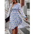 thumbnail image 2 of Vestido de manga larga para mujer, cuello redondo, vestido suelto, estampado a media cintura, falda informal elegante para mujer, azul XL, 2 of 8