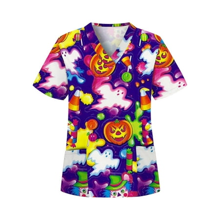 

Women Casual Tunic Tops Halloween Cartoon Scrubs Shirts Workwear Nursing Blouses Tops