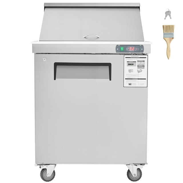 KFFKFF 28" Professional Cold Storage Unit & Salad Preparation Table, 7.4 Cubic Feet Stainless Steel Chilled Food Preparation Station with 12 Containers, Cutting Board