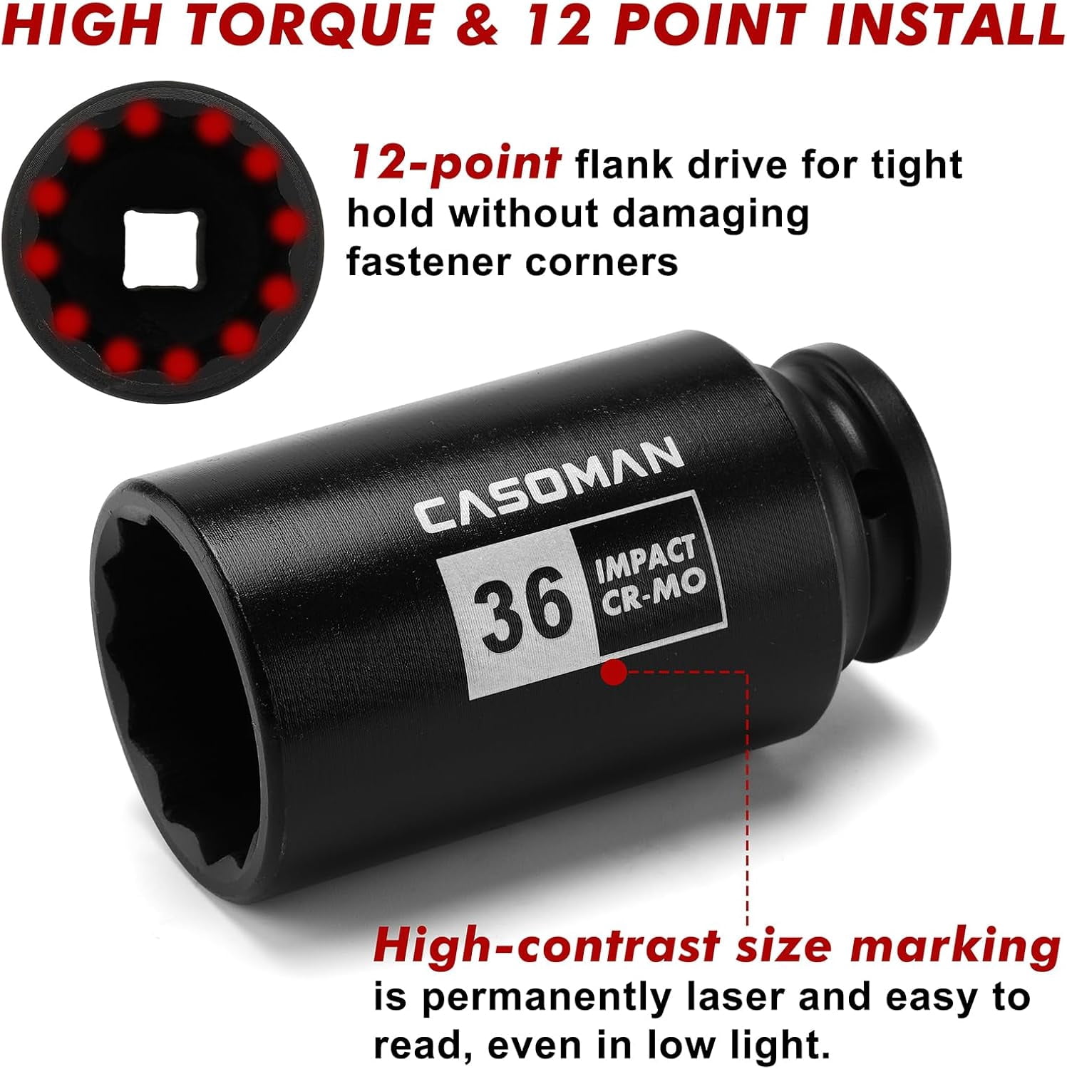 CASOMAN 1/2-inch Drive Deep Spindle Axle Nut Impact Socket Set,12 Point Metric, CR-MO, 30,32,34,36mm, 4-Piece 1/2" Heavy Duty Impact Socket Set
