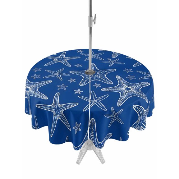 Outdoor Tablecloth with Umbrella Hole for Patio/Picnic/Party/Camping, Nautical Starfish Waterproof Table Cloth Round Cover Washable, Summer Ocean Marine Life Modern Blue (Dia 60")