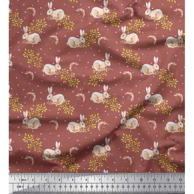 Soimoi Cotton Cambric Fabric Dot,Leaves & Rabbit Animal Print Fabric by Yard 56 Inch Wide