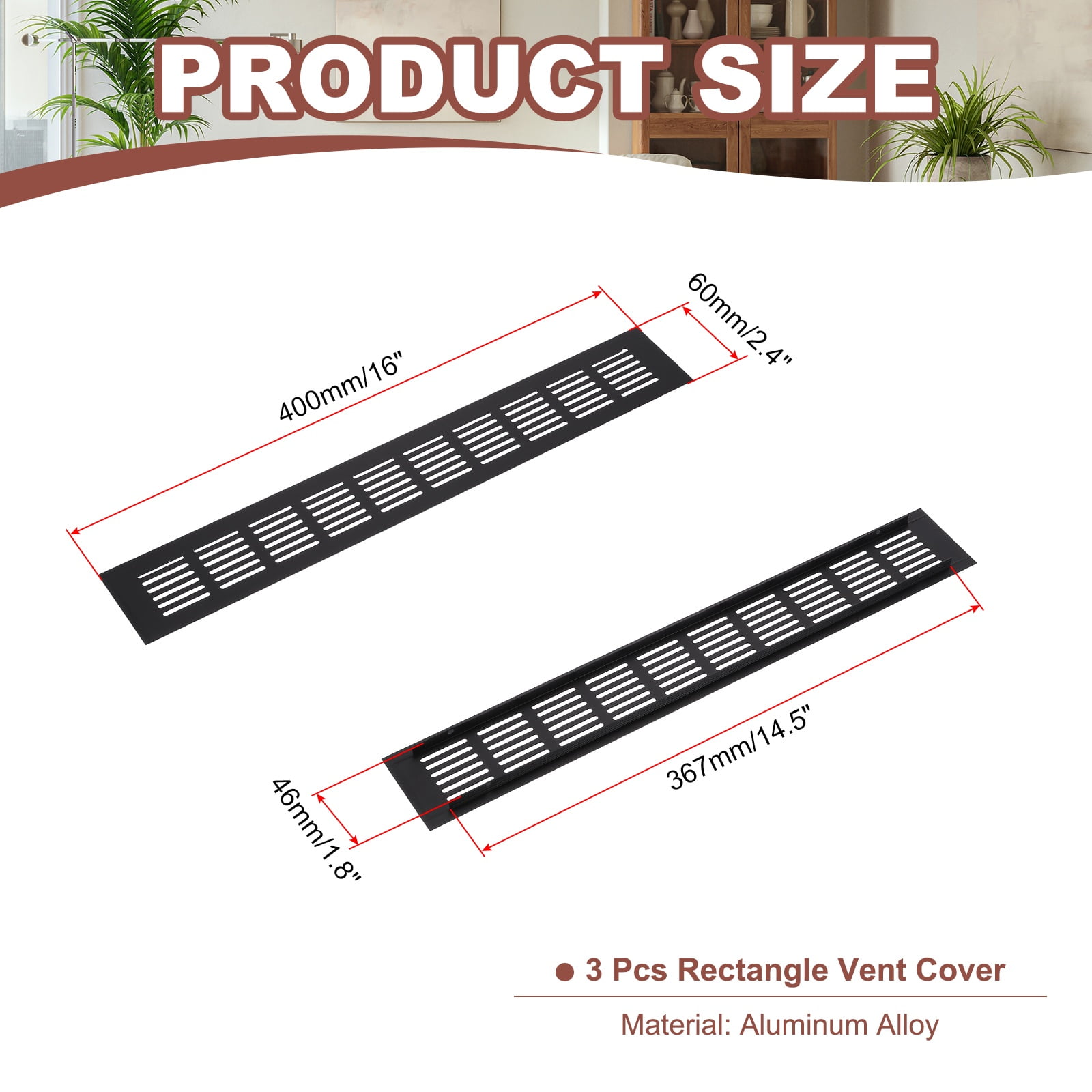 Uxcell 16 x 2.4" Rectangle Ventilation Grille 3Pcs Aluminum Air Vent Cover Black