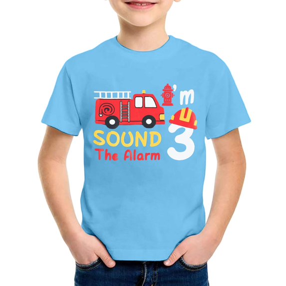 Bobifish 3rd Birthday Boy Tees Short Sleeve Crew Neck Fire Truck Graphic Fun Cheerful Birthday Party Wear T Shirts