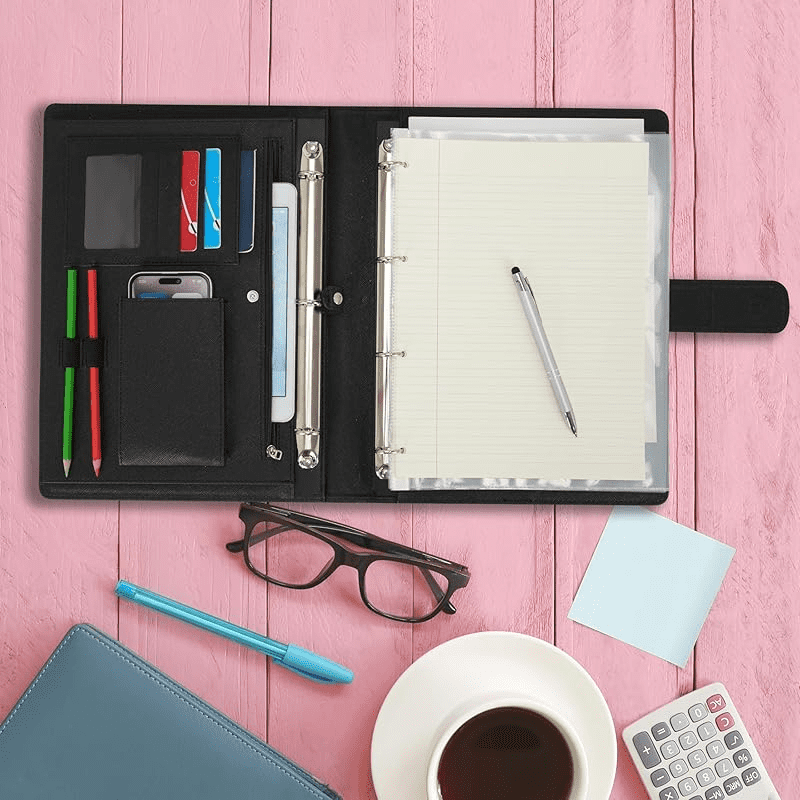 Wonderpool A4 PU Leather Ring Holder Writing Portfolio Multi Document Case with Removable Binder Clipboard and Functional Pocket for Organizer Office Travel School (Black)