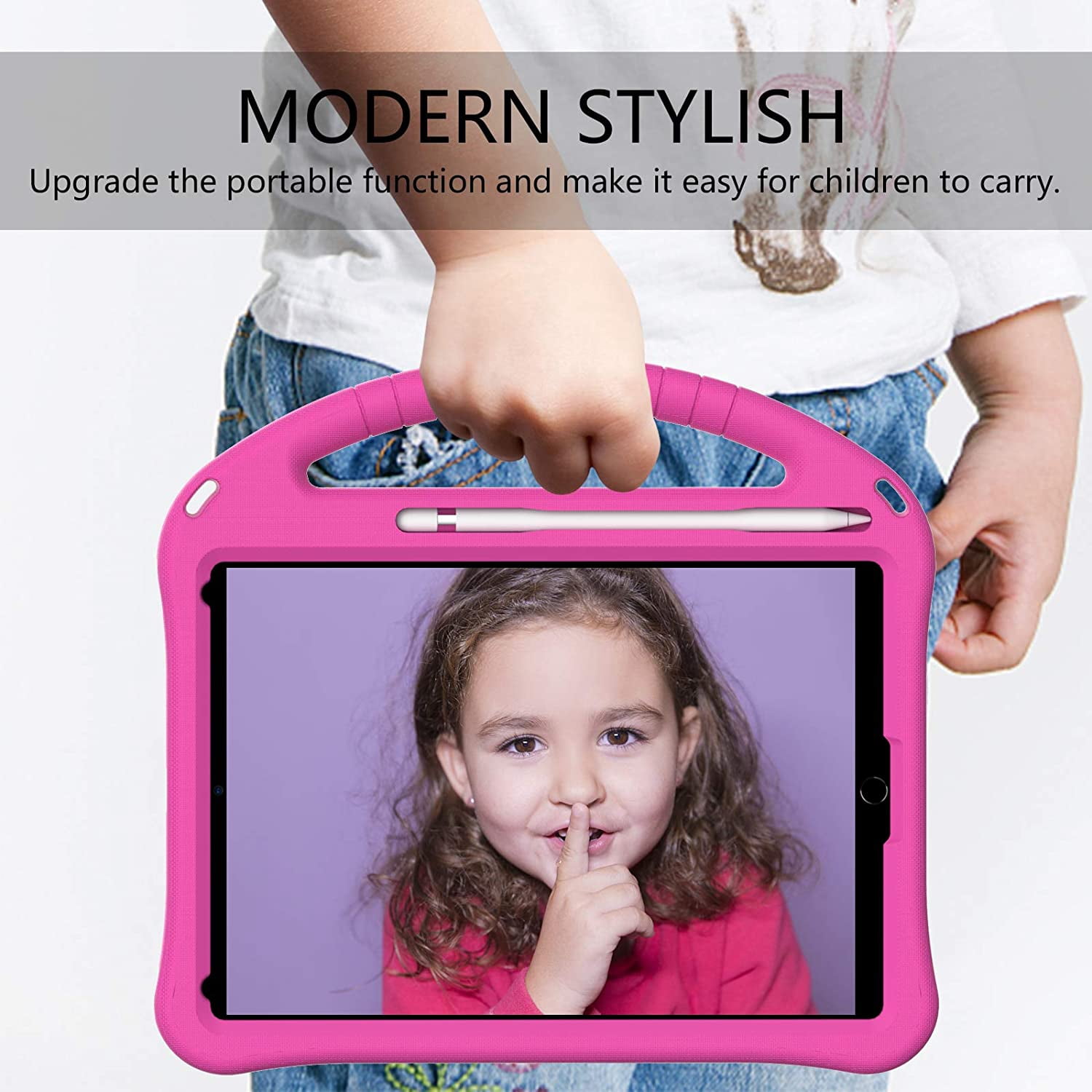 SaniMore Kids Case for iPad 10.2 2021/2020/2019, iPad 9th/8th/7th Generation Case with Pencil Holder & Screen Protector, Shock Proof Light Weight Convertible Handle Stand Kids Shell Case, Rose