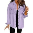 thumbnail image 2 of Women's Denim Jackets Loose Y2k Jean Shirt Shackets Button Down Casual Long Boyfriend Frayered Hem Outwear Tops (S, Purple), 2 of 6