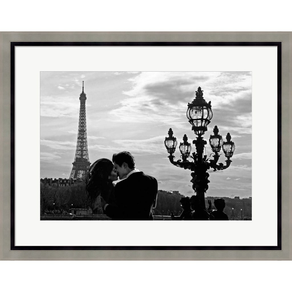 A Kiss in Paris Black and White Framed Print