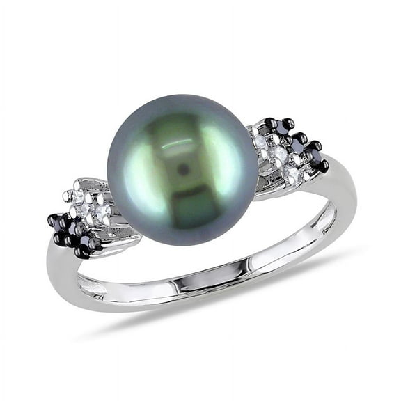 AMOUR 1/8 CT TW Black and White Diamond and 9 - 9.5 Mm Black Tahitian Pearl Ring In 10K White Gold with Black Rhodium