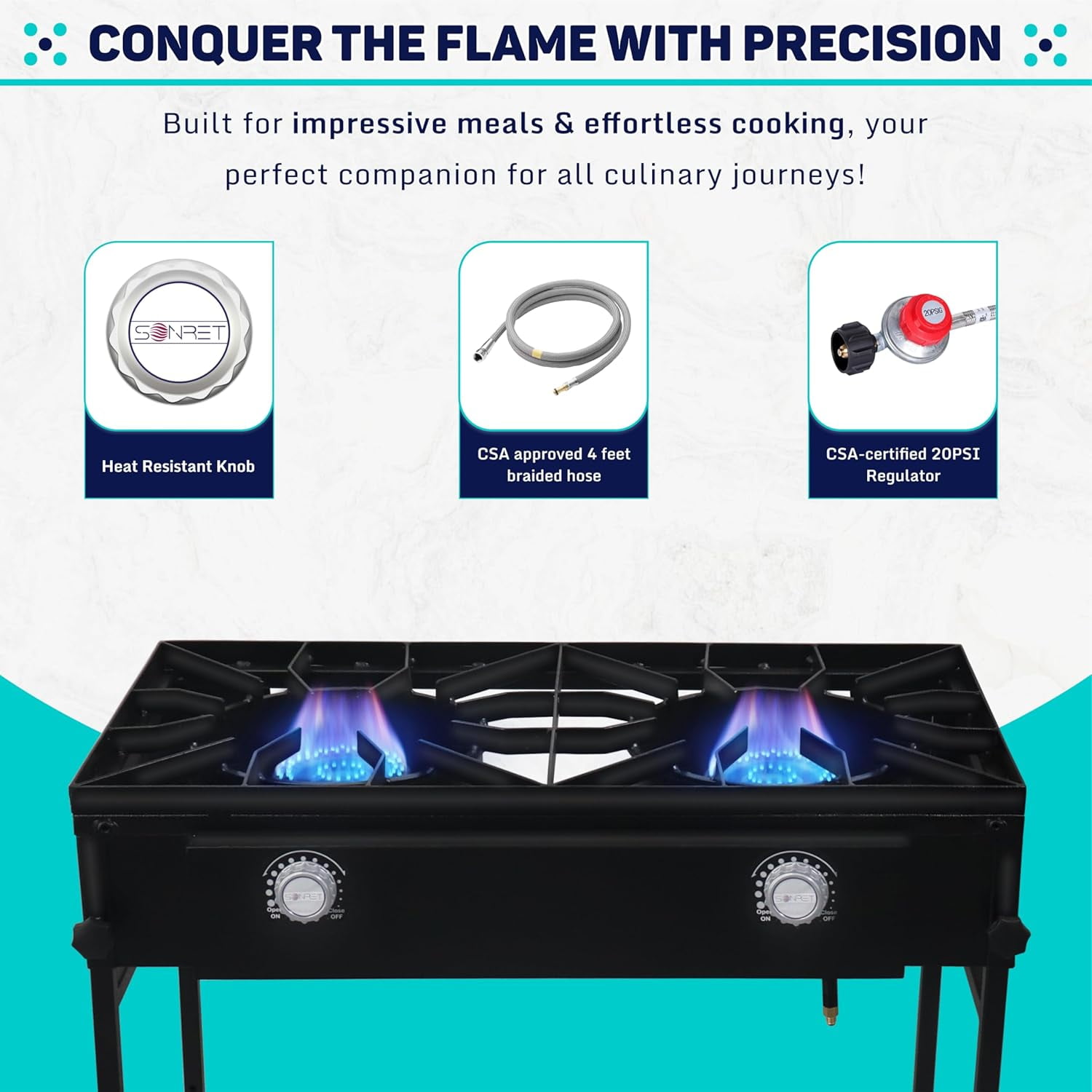 SONRET - Double Burner Propane Camping Gas Stove - with Detachable Legs & Bottom Shelf
