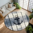 thumbnail image 3 of 7Ft Round Rug, Navy Blue Nautical Non-Skid Rubber Backing Large Area Rugs - Living Room Bedroom Home Office, Coastal Blue Striped Vintage Indoor Floor Mat Carpets Washable Rug, 3 of 9