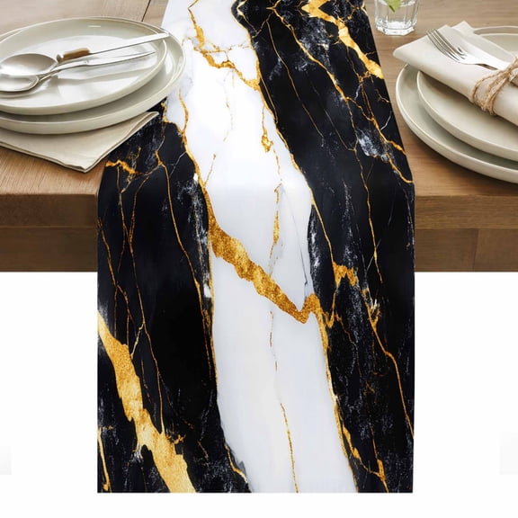 Black Marble Table Runner - 36 Inch Long, Kitchen Dining Table Runner Dresser Scarves, Luxury Gold White Abstract Cracks Artwork Farmhouse Decor for Coffee Tables Wedding Party Banquet