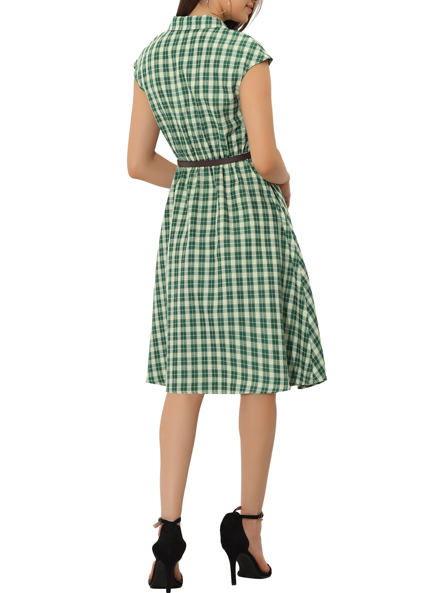 Unique Bargains Women's Button Front Cap Sleeve Retro Belted Plaid Dresses M Green
