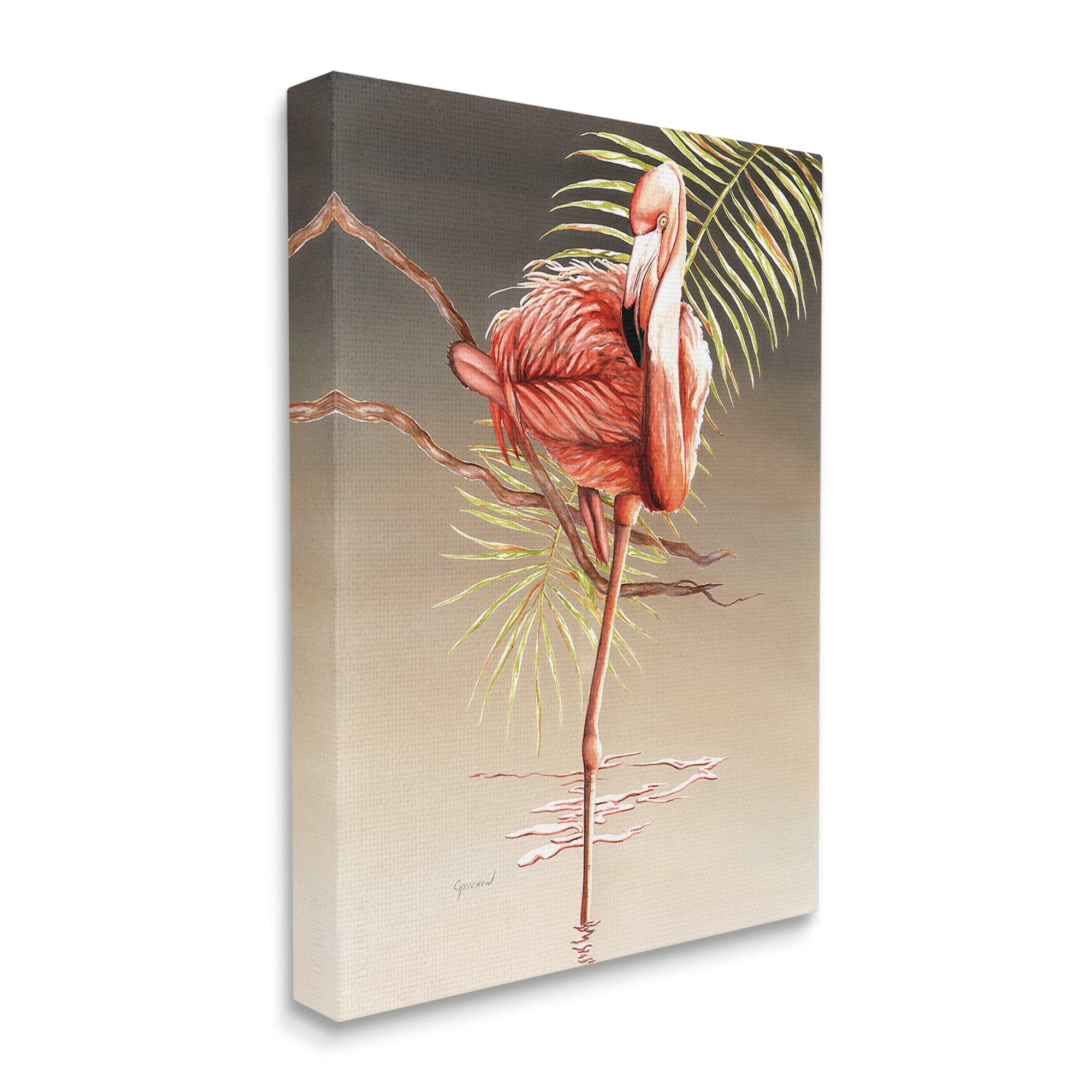 Stupell Industries Flamingo Balancing with Leaf Animals & Insects Painting Gallery Wrapped Canvas Art Print Wall Art, 36 x 48