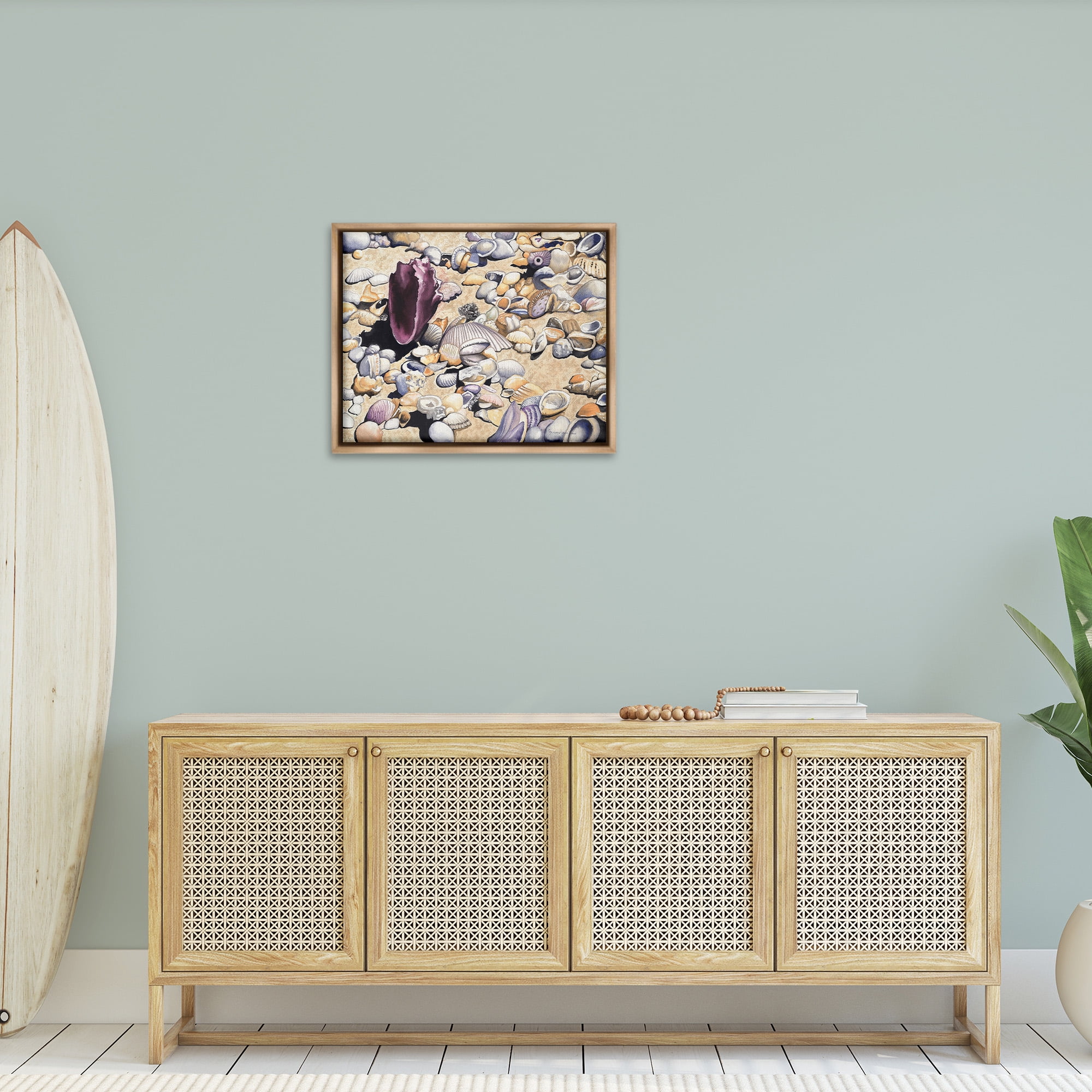 Stupell Industries Various Seashells on Coast Landscape Painting Brown Floater Framed Canvas Art Print Wall Art, 31 x 25