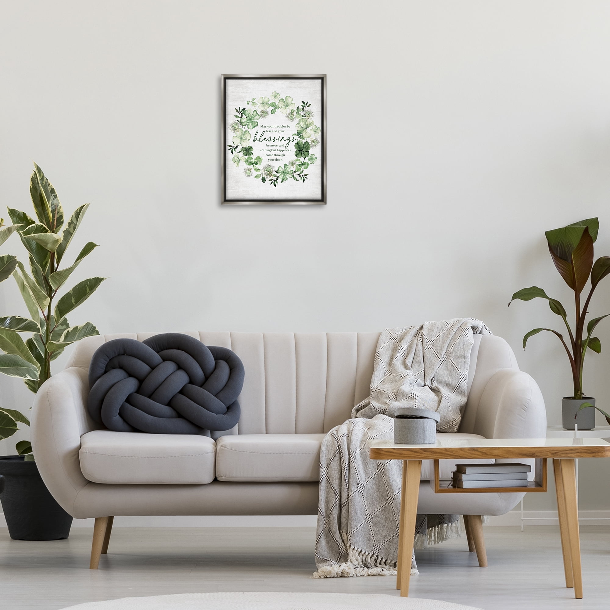 Stupell Industries Clover Wreath Blessing Botanical & Floral Painting Gray Floater Framed Canvas Art Print Wall Art, 17 x 21