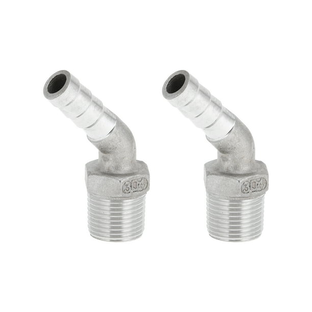 Accesorios para manguera de acero inoxidable 304 Unique Bargains 25/64" OD 3/8" BSPT 45 grados codo para aire, agua, aceite, gas, combustible 2 piezas tono plateado