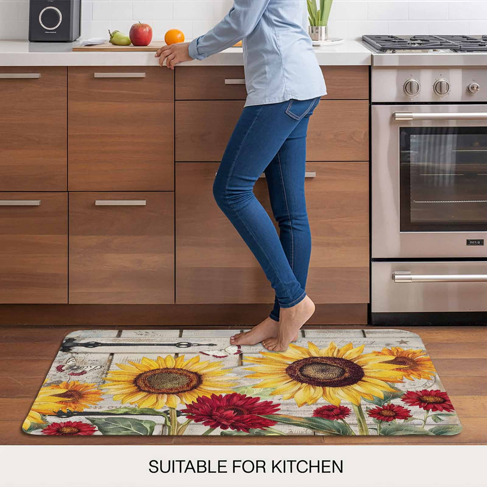 Red Yellow Sunflowers Doormat Outdoor Entrance 16"x24", Retro Rustic Barn Doors Butterfly Brown Absorb Moisture Dirt Door Mats, Non-Slip Rubber Backing Floor Mats Indoor, Low-Profile Front Door Rugs
