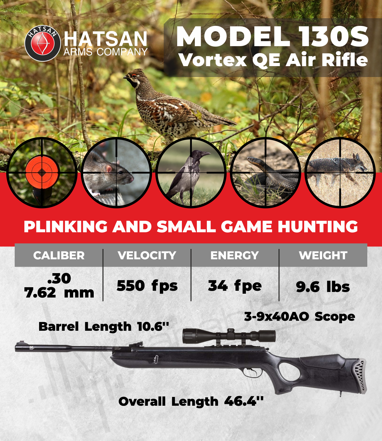 Buy Hatsan Mod 130S Vortex QE .30 Cal Airrifle and Pellets and Hat