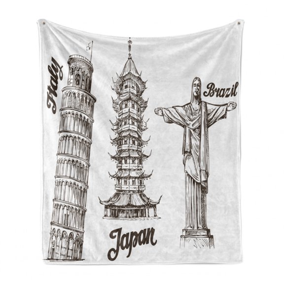 Travel Soft Flannel Fleece Throw Blanket, Leaning Tower of Pisa Japanese Building and Brazil Architecture Culture, Cozy Plush for Indoor and Outdoor Use, 50" x 60", Army Green, by Ambesonne