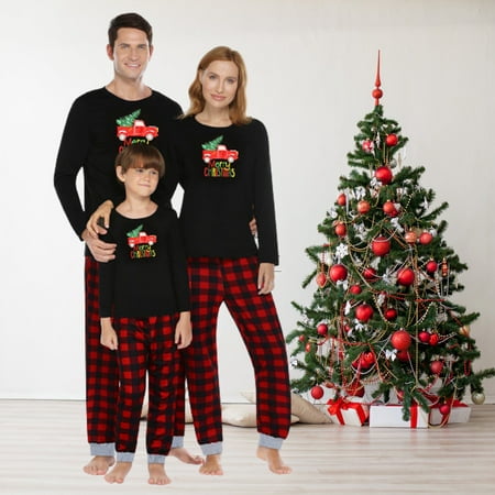 

HESHENG Family Matching Christmas Pajamas Cartoon Printed Adults Kids Sleepwear Nightwear Mama Dad Kids Pjs Sets Black-women M