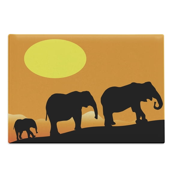 Silhouette Cutting Board, Baby Elephant and Family Sun Shade Walking Desert Print, Decorative Tempered Glass Cutting and Serving Board, in 3 Sizes, by Ambesonne