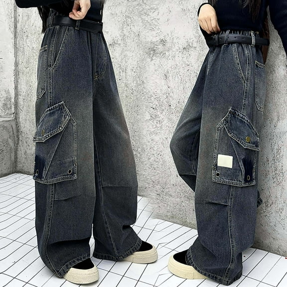 Baggy Jeans for Kids Wide Leg Jeans Straight Leg Denim Cargo Pants with Pocket Girls Clothing Size 10-11 Years