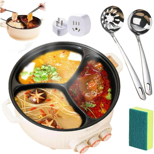 Olla Antiadherente De Cuatro Puestos, 4 Grid Multifunctional Stew Pot, Rice Cooker Stainless Steel Inner Pot, 6L Large Capacity Electric Hot Pot for Household Family Meals (3 Grid)