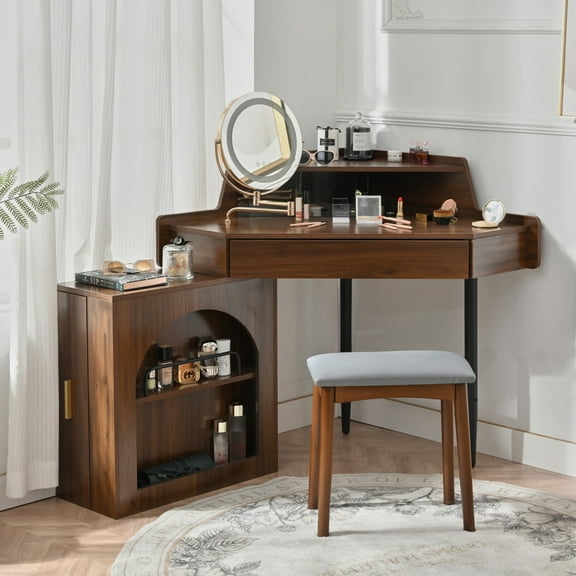 AENKYO Corner Makeup Vanity Desk with 360°Swivel LED Lighted Mirror, Movable Side Cabinet, Storage Drawers & Stool, Walnut