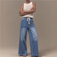 thumbnail image 3 of Pantalones vaqueros de mujer con diseño suelto, cintura elástica, pantalones rectos de pierna ancha con cordón y bolsillos, 3 of 7