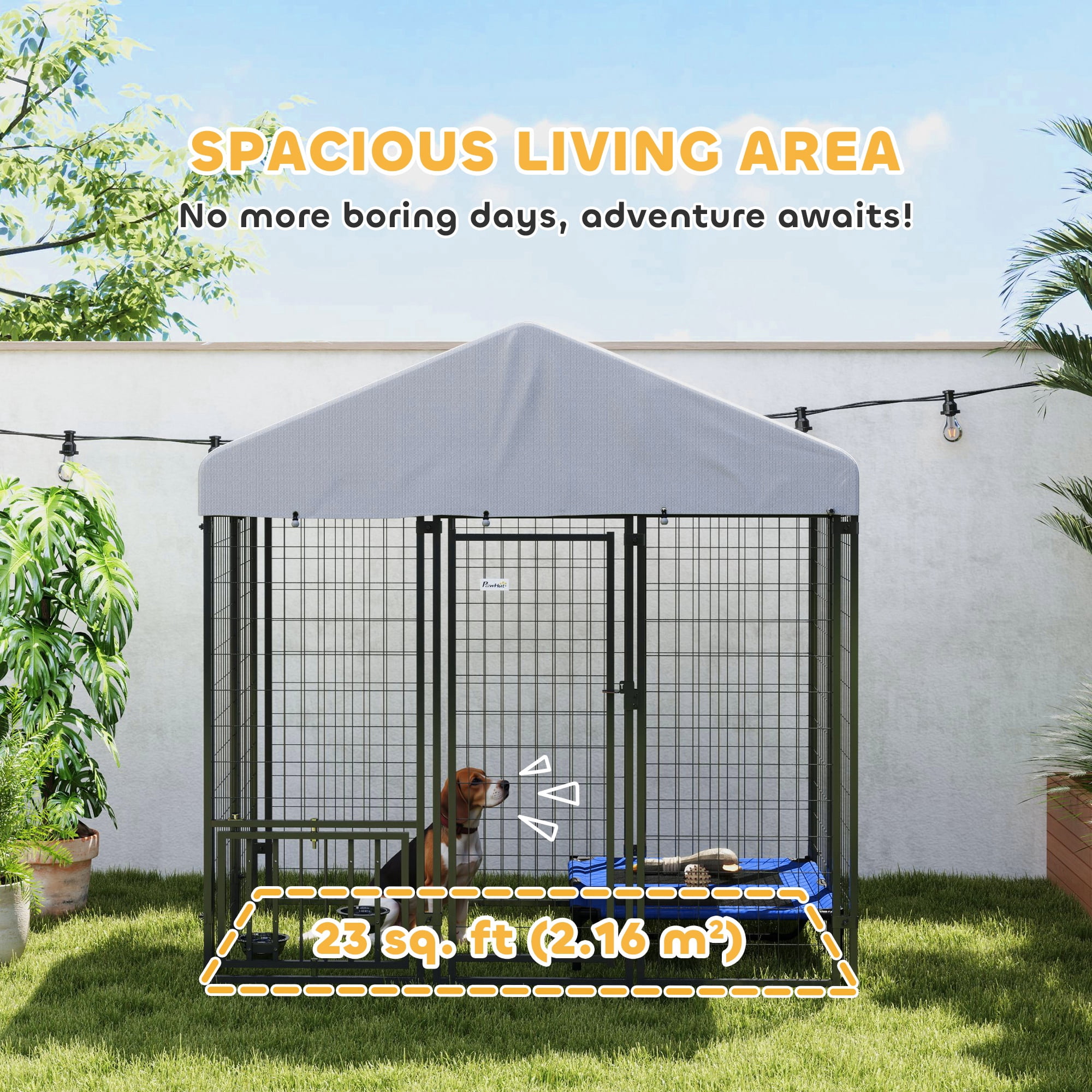 PawHut Outdoor Dog Kennel with Roof, 5.9' x 4' x 6' Heavy Duty Welded Wire Dog Playpen Fence with Rotating & 4-Level Adjustable Feeding Bowls
