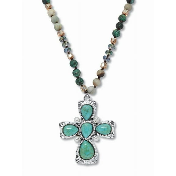 PalmBeach Jewelry Genuine Jasper, Amazonite, and Freshwater Pearl Silvertone Cross Pendant Necklace 32 Inch