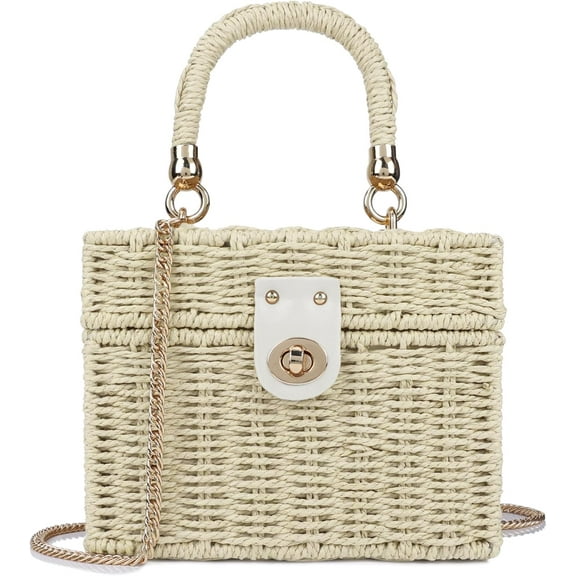 Handwoven Rattan Bag for Women Straw Beach Tote Bag Top Handle Satchel Handbag with Chain Strap
