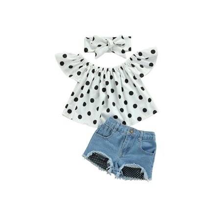 

ZIYIXIN 3pcs Infant Baby Girls Clothes Polka Dot Printed Off Shoulder T Shirts Denim Shorts Headband Sets White 4-5 Years