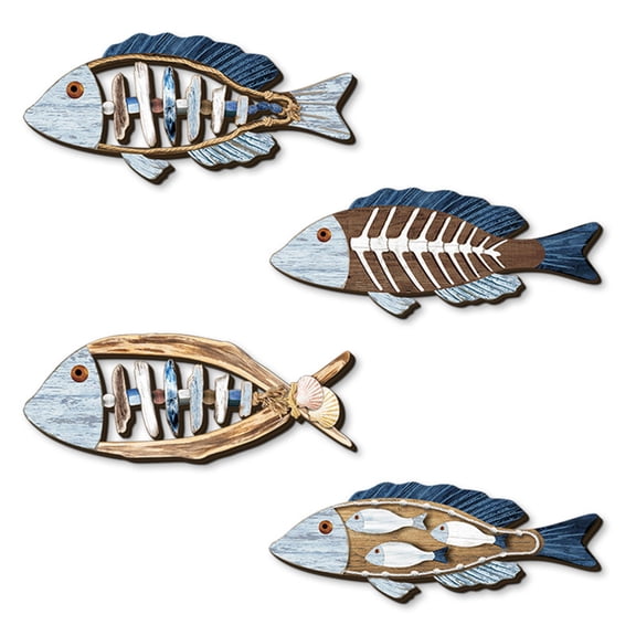 Pack of 4 Wooden Fish Wall Art Decorations Mediterraneans Styles Handcrafted for Bathroom Kitchen Office