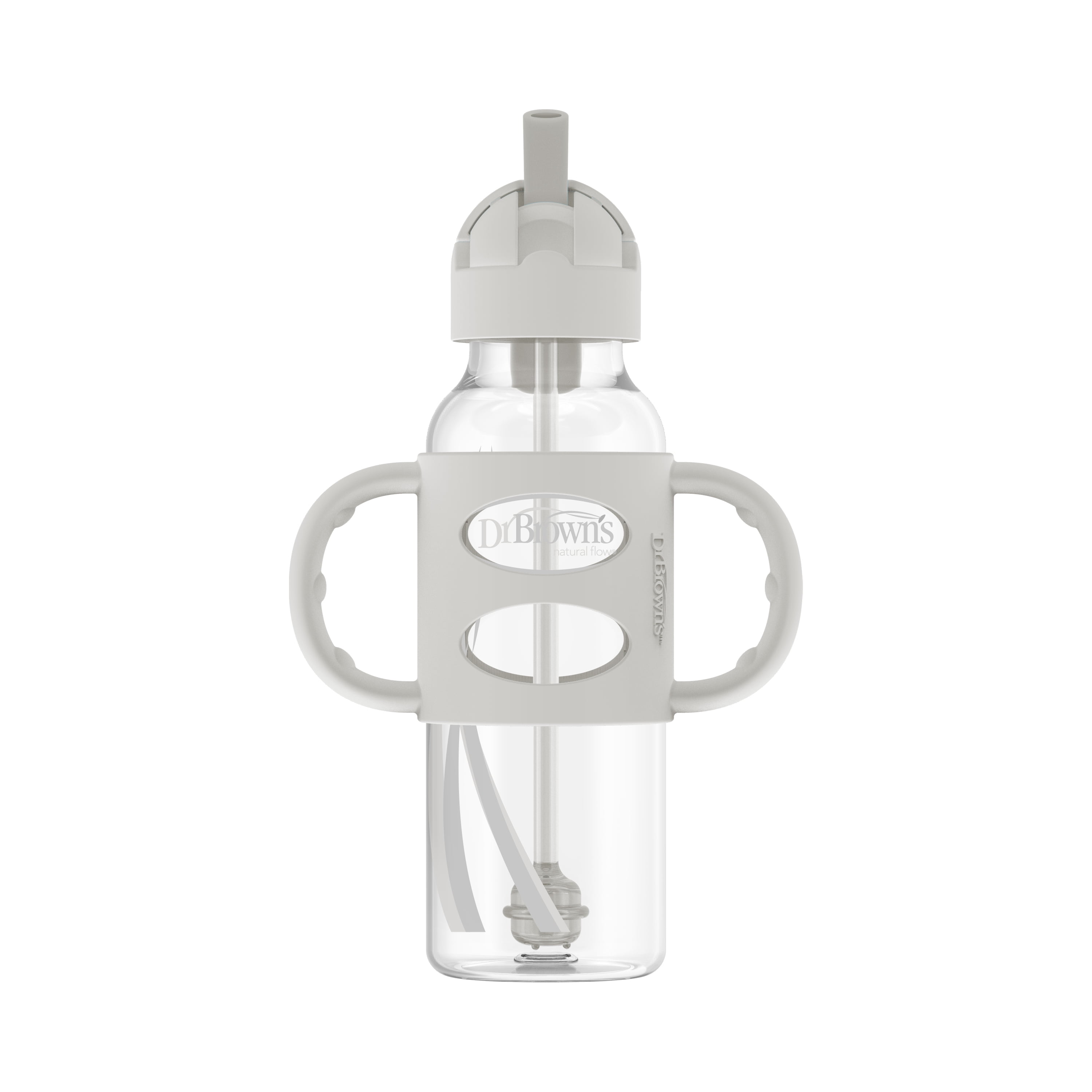 Dr. Brown's Milestones Narrow Sippy Straw Bottle, 100% Silicone Handles, 9oz/270ml, 6m+, Gray, 1 Pack
