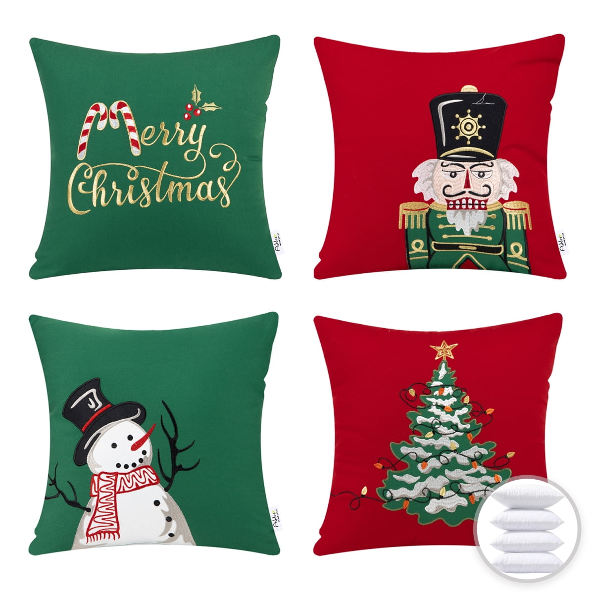Christmas Classic Red, Green Printed Decorative Pillow Covers, Holiday Series Throw Pillow, Red and Green, 18" x 18", Set of 4