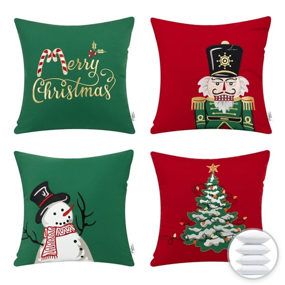 Christmas Classic Red, Green Printed Decorative Holiday Series Throw Pillow with inserts, Red and Green, 18" x 18", Set of 4